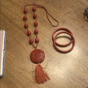 Necklace and bangle set. Wooden cinnabar